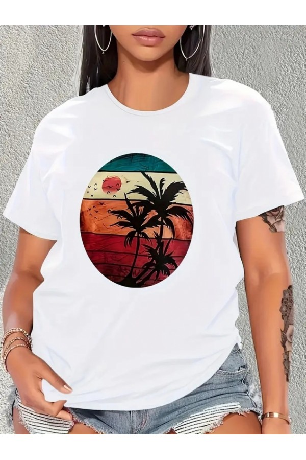Women's Short Sleeve Palm Printed Viscose Blouse, 17345